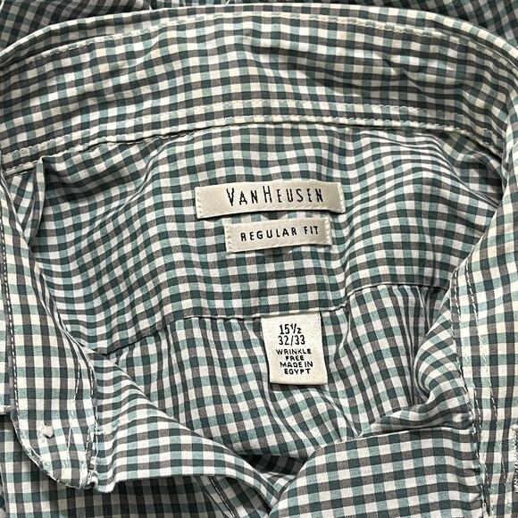 Van Heusen Shirt Mens Size 15.5 32/33 Green Gray White Checkered Button Up STAIN - Picture 6 of 7
